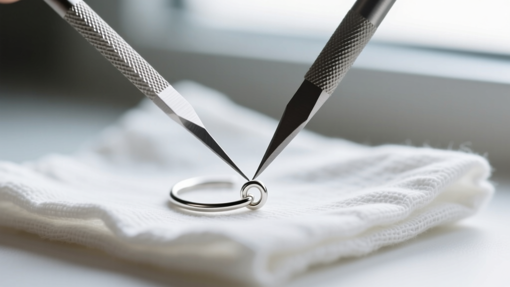 A jewelry file smoothing the sharp tip of a 20-gauge sterling silver french ear wire, with a soft polishing cloth in the background.
