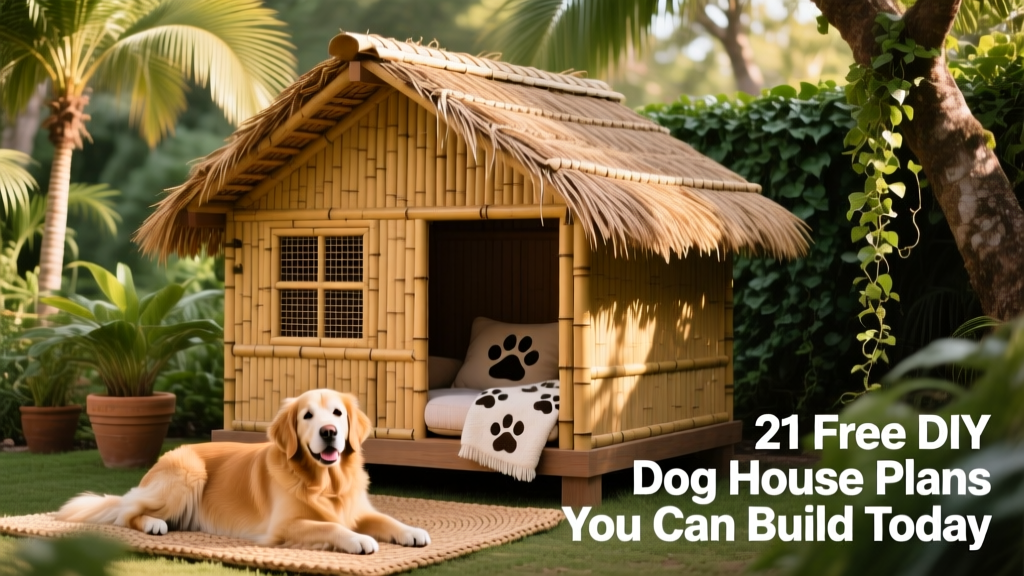 The Tropical Breeze dog house with bamboo walls, screened windows, and a thatched-style roof made from synthetic thatch