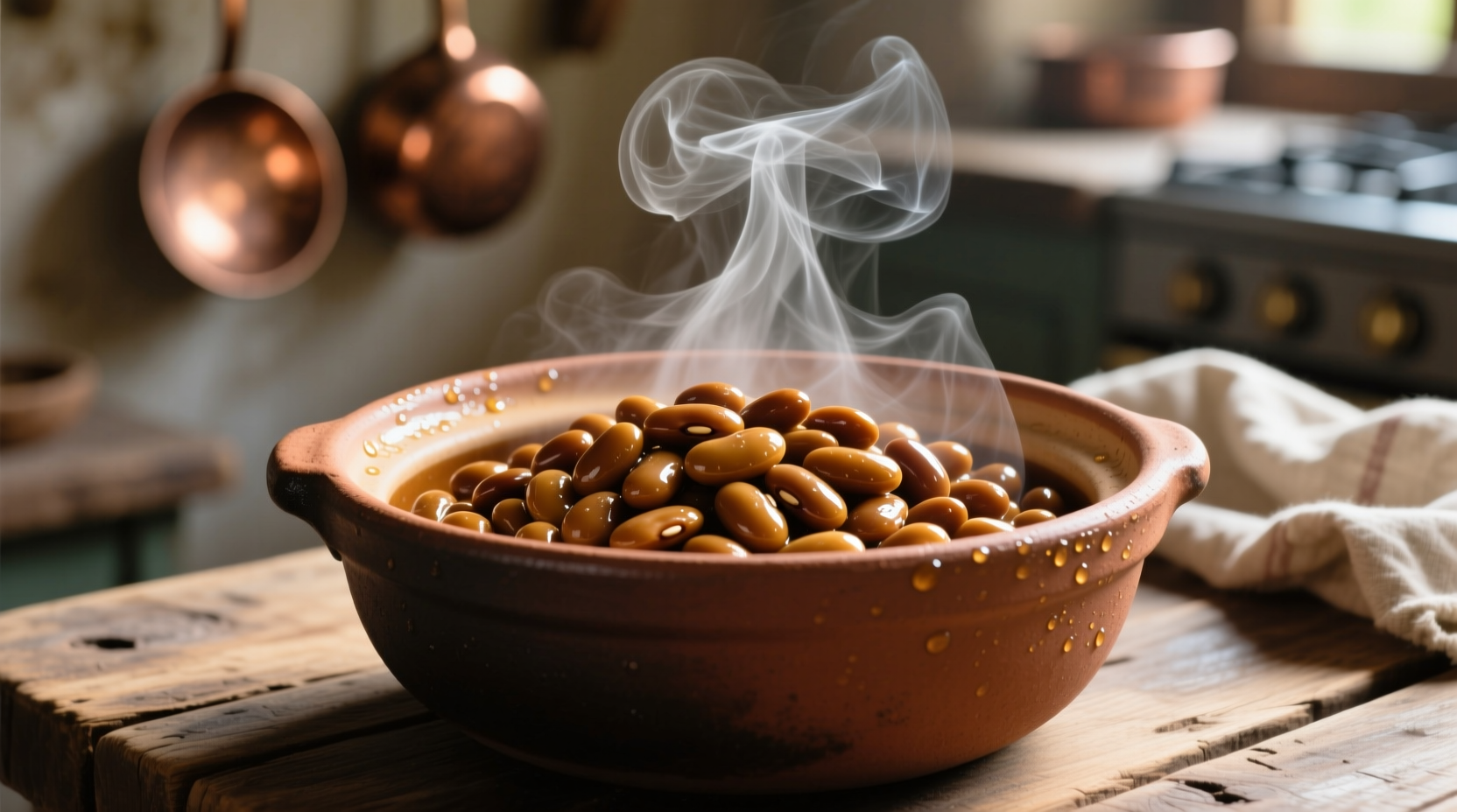 Perfectly cooked beans in a pot with steam rising