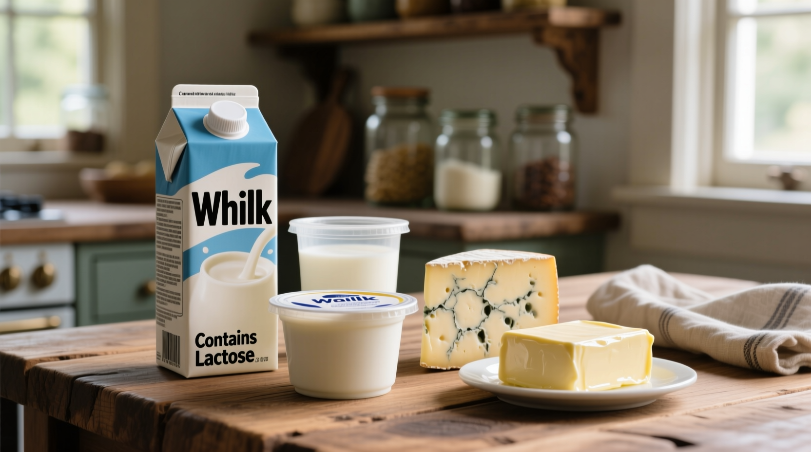 Dairy products containing lactose on wooden table