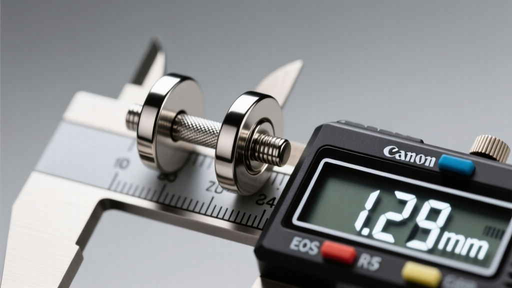 Macro shot of a mens titanium barbell earring on a digital caliper measuring 1.29mm gauge thickness under soft lighting