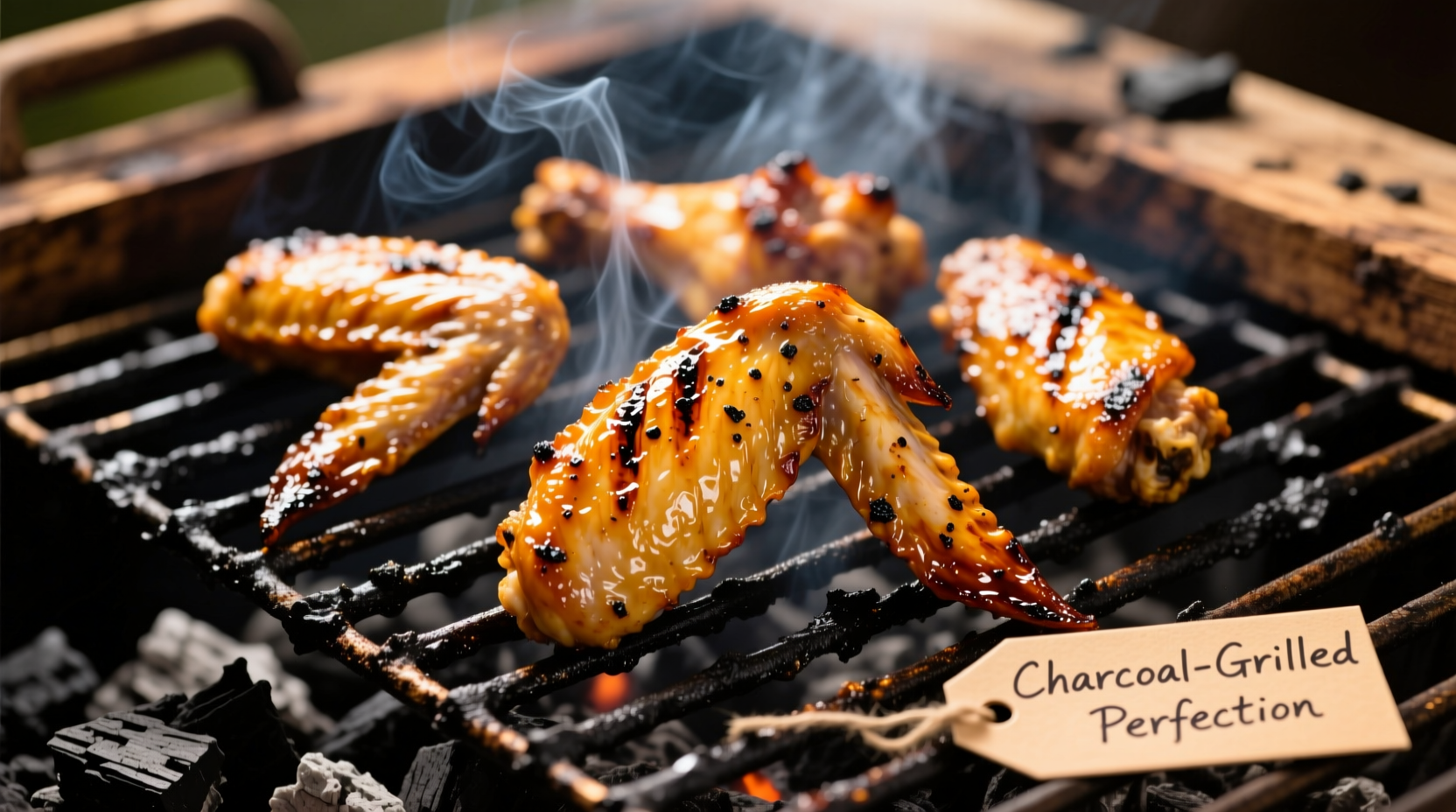 Crispy golden grilled chicken wings on charcoal grill