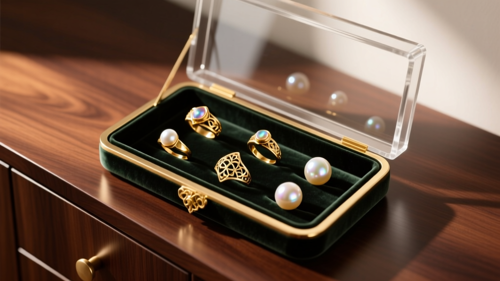 Top-down view of an open velvet jewelry tray with a clear lid, showing gold rings and pearls on a dark oak dresser surface.