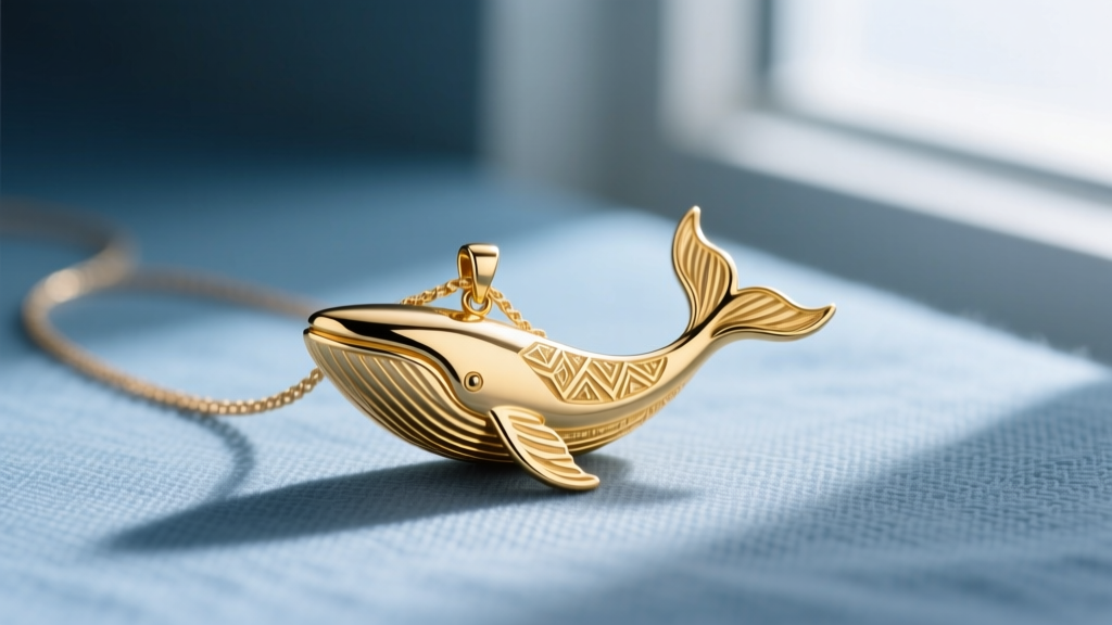 Close-up of a polished 14k yellow gold whale tail pendant resting on a delicate cable chain against a soft blue linen background