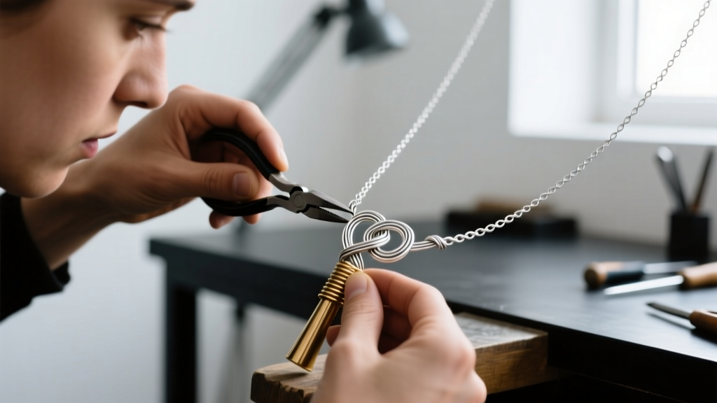 Jeweler using pliers to tension-wrap 20-gauge sterling silver wire around a mandrel to form an intricate Algerian love knot necklace
