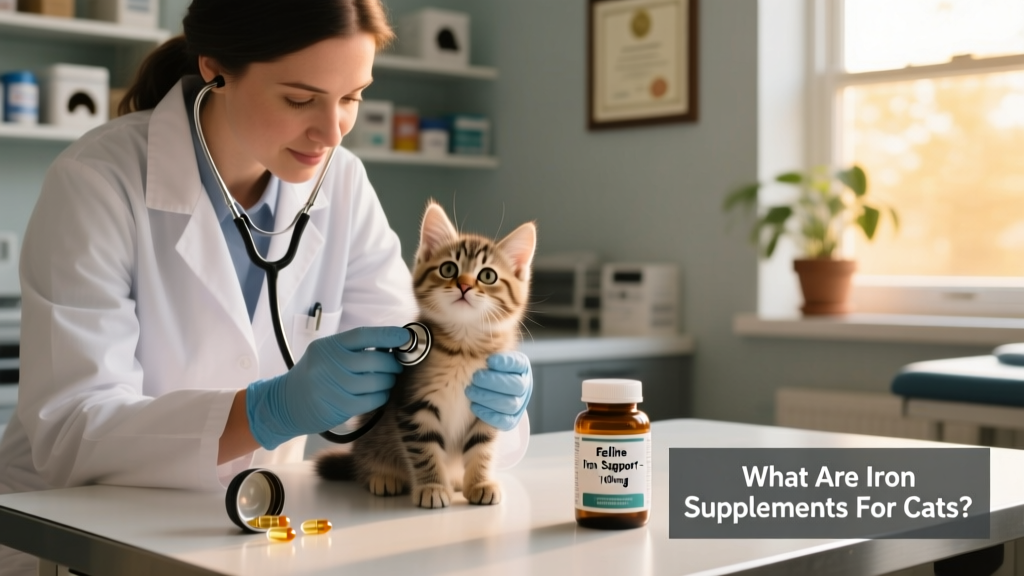 Veterinarian gently examining a kitten during a wellness check, with iron supplement bottle visible on exam table