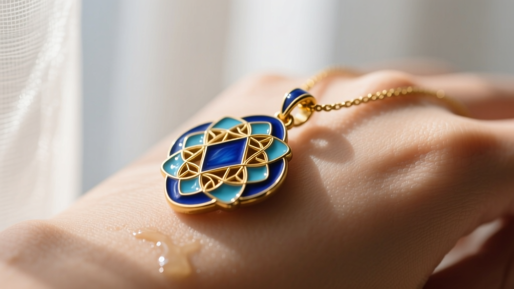 Close-up of cloisonne enamel pendant on warm skin, showing gold wirework and deep cobalt blue fills under soft studio lighting.