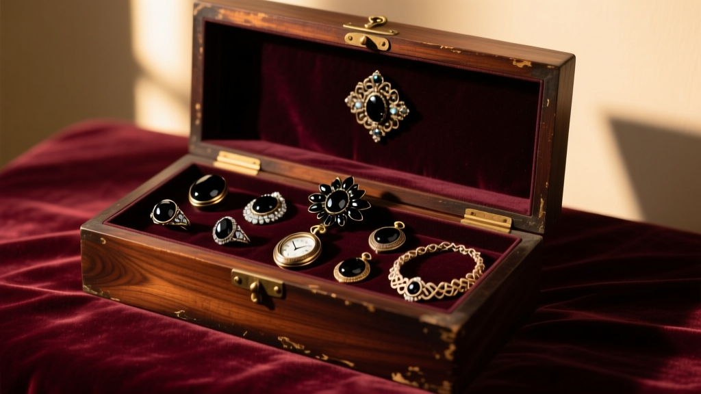 Restored dark mahogany casket jewelry box open on velvet, revealing organized antique mourning jewelry under soft warm lighting.
