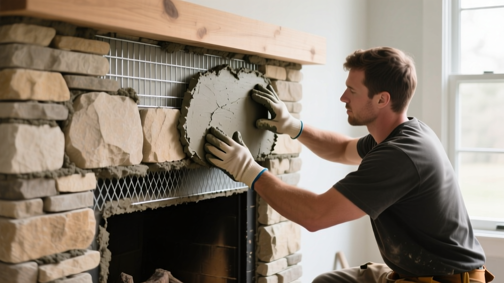Mason buttering mortar onto stacked stone veneer to install on an interior fireplace surround with exposed metal lath and scratch coat