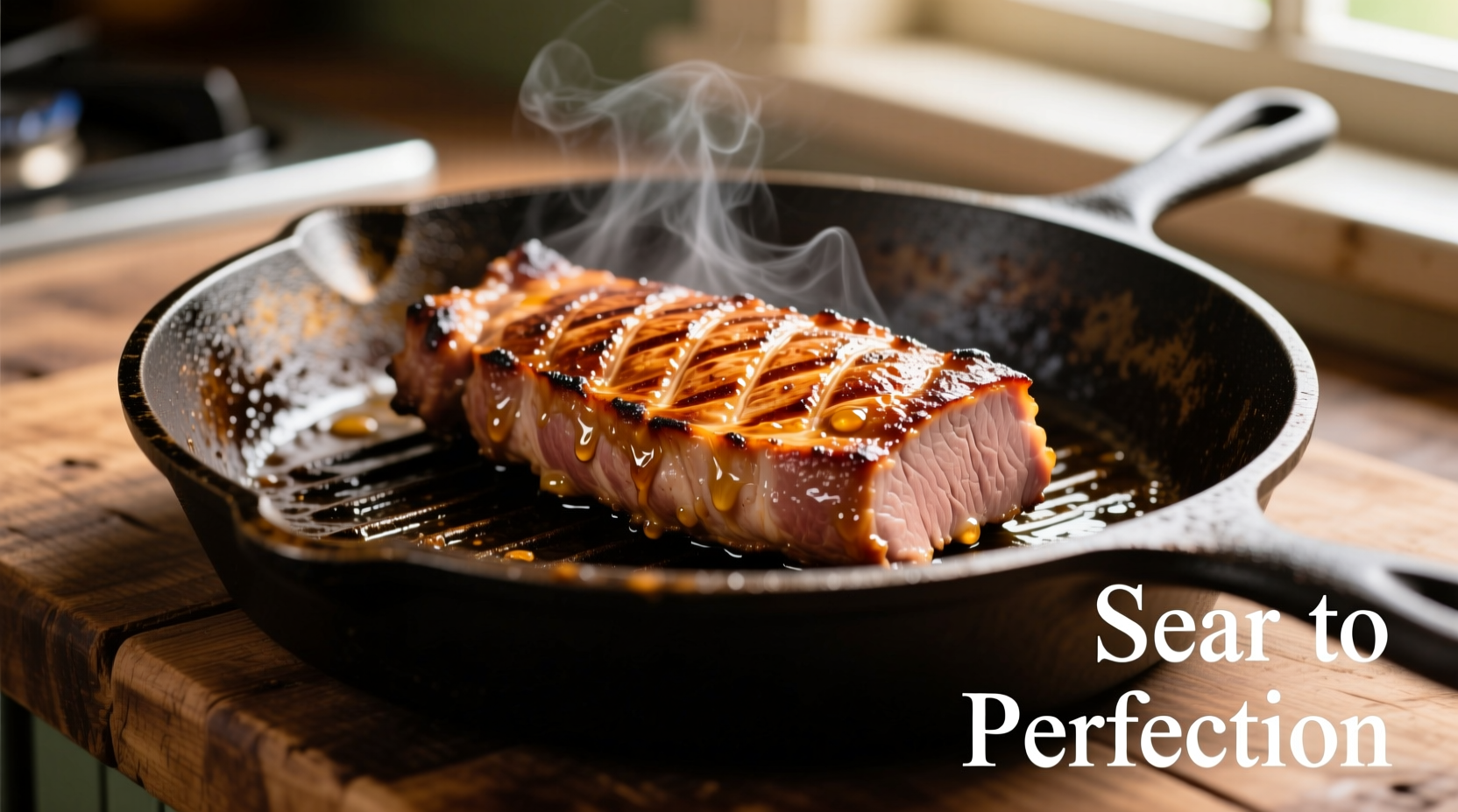 Golden-brown pork tenderloin searing in cast iron skillet