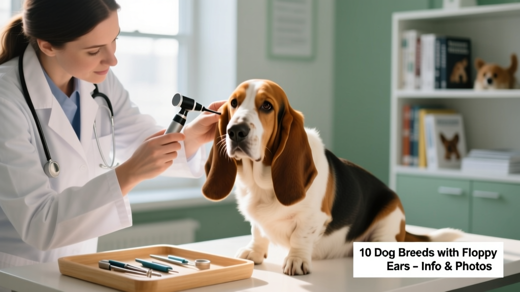 A veterinarian gently examining the ear of a floppy-eared dog during a wellness check, with clean tools and a calm environment