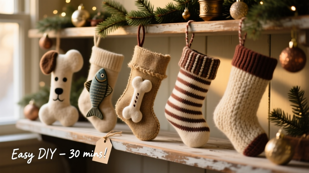 Five finished pet stockings—dog bone, fish, rustic burlap, ticking, and sweater—arranged on a cozy holiday shelf