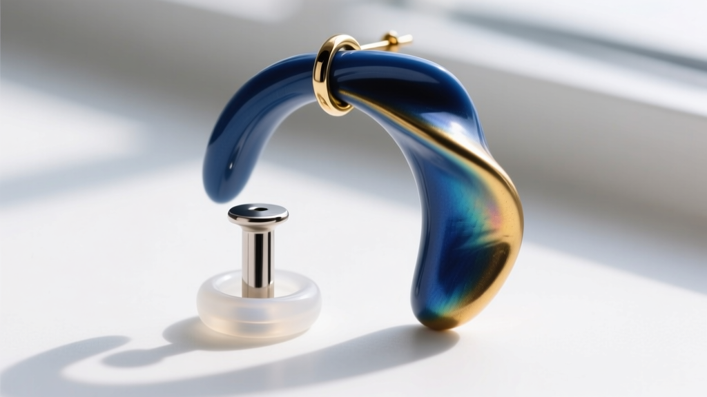 Macro shot of an 18-gauge implant-grade titanium flat-back post with a silicone O-ring, securing a heavy polymer clay arch earring