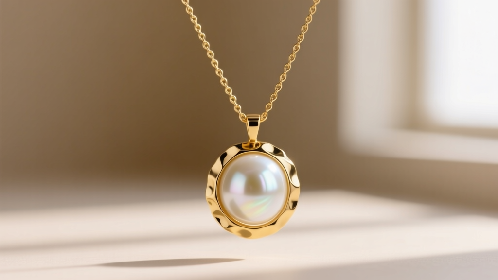 Close-up of a 14k yellow gold Leigh necklace with a hammered bezel holding a white baroque pearl on a delicate 1.2mm cable chain