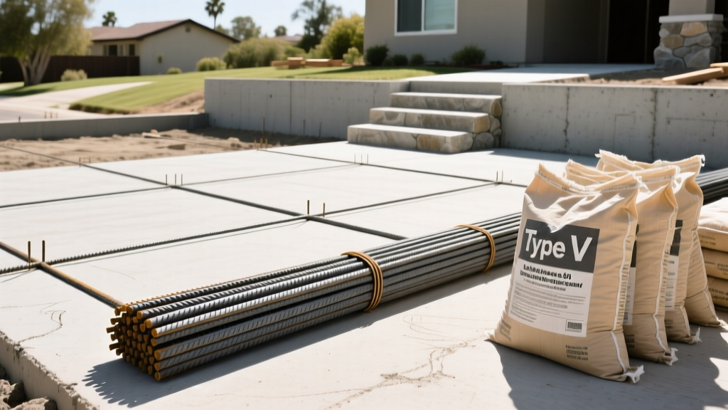 Grade 60 rebar and Type V sulfate-resistant cement staged at a Santa Ana residential foundation site in bright sunlight