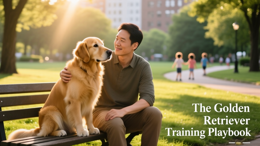 A calm, focused Golden Retriever sitting beside its owner on a grassy park bench, both looking relaxed and connected