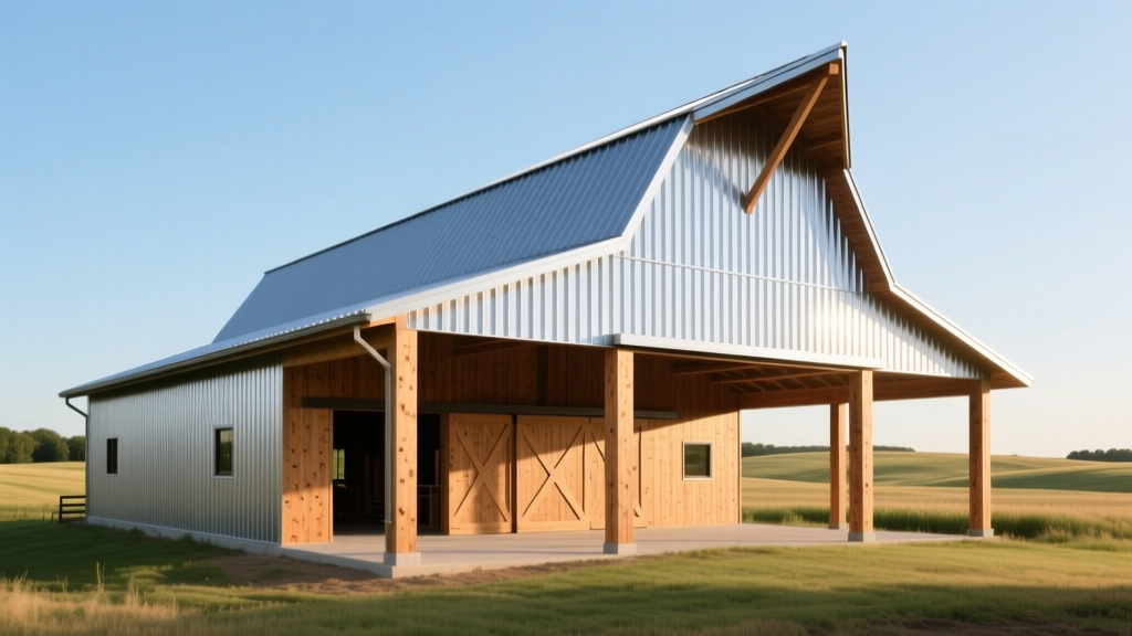 Wide shot of a newly constructed post frame barn featuring laminated wooden columns, galvanized steel roof trusses, and ribbed metal siding