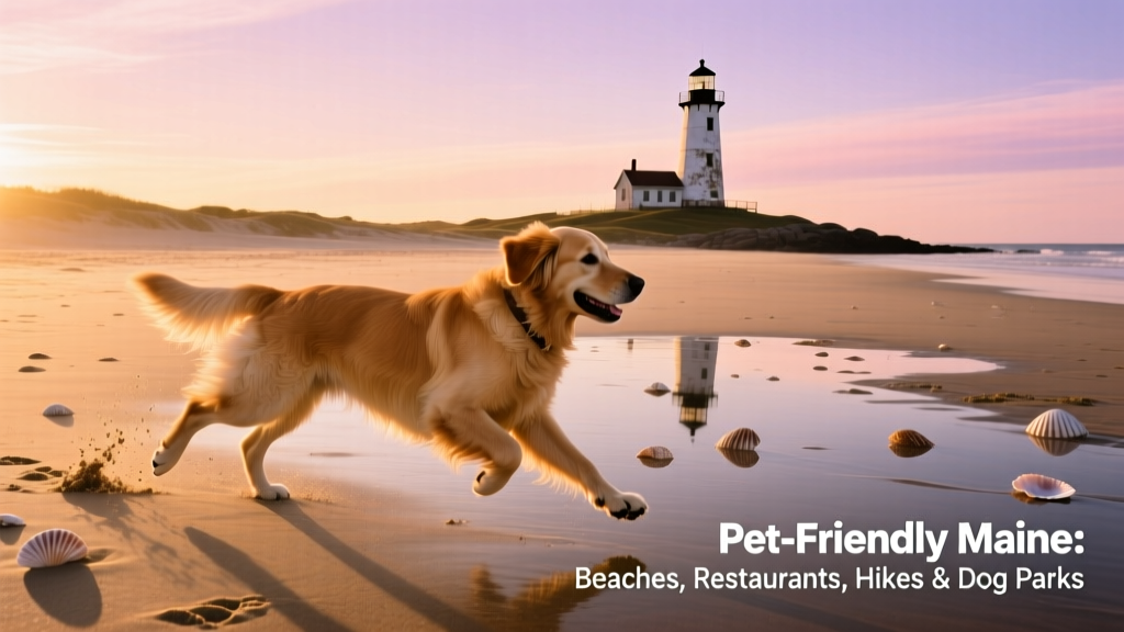 A golden retriever running along Long Sands Beach at sunrise, with Nubble Lighthouse visible in the distance