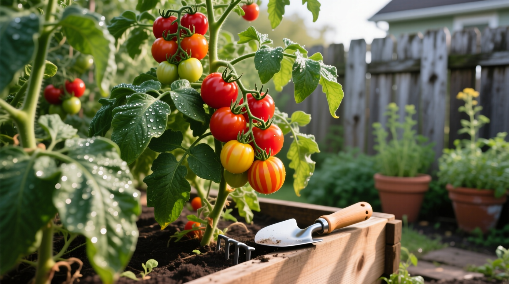 Hybrid tomato plants growing in a home garden with healthy fruit