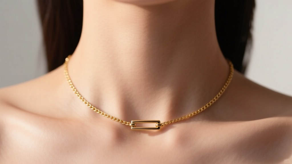 Close-up of a neck showing a gold necklace with proper weight distribution and a counterbalanced clasp resting perfectly at the nape.