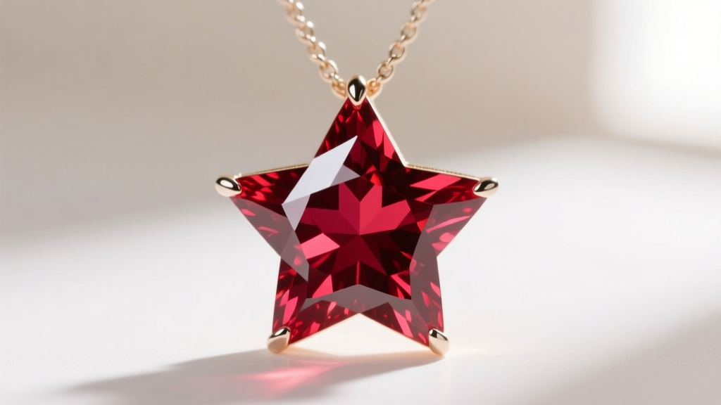 Loupe view of a prong-set natural ruby star necklace, highlighting vivid red color saturation and precise facet reflections.