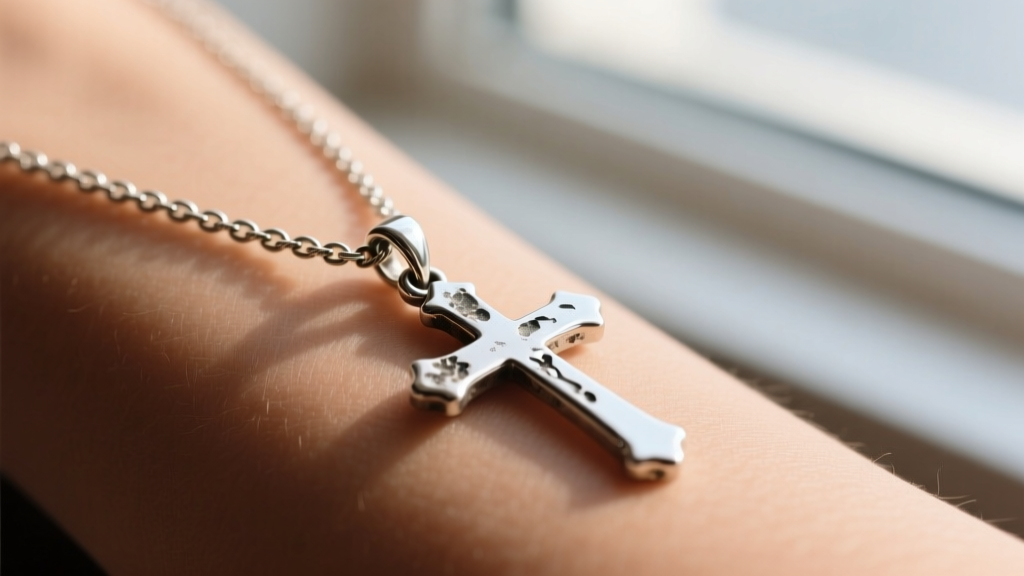 Macro shot of a sterling silver faith cross necklace on skin, showing a tarnished bail and delicate cable chain links in soft light