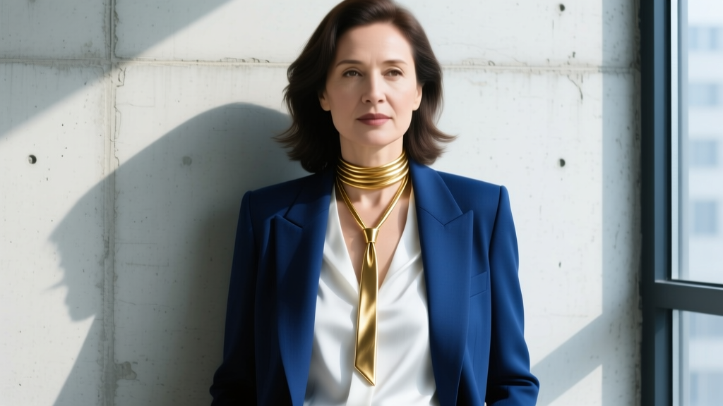 Woman in blazer wearing gold tie necklace wrapped twice as choker, ends hang asymmetrically, shot in soft natural sunlight