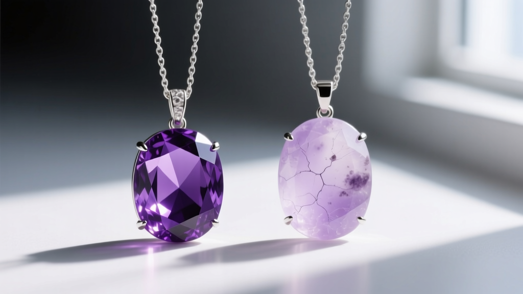 Macro photo comparing two amethyst pendants: one deep purple AAA clarity, the other pale cloudy AA grade with visible inclusions.