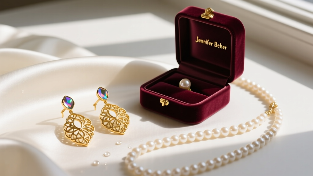 Bridal flat lay of Jennifer Behr Reign gold tone earrings on ivory silk next to a pearl necklace and an open velvet jewelry box