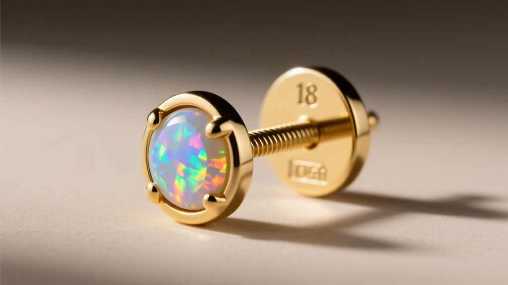 Macro shot of an 18k gold flat-back labret earring with bezel-set opal, showing the threaded post and flat disc backing clearly.