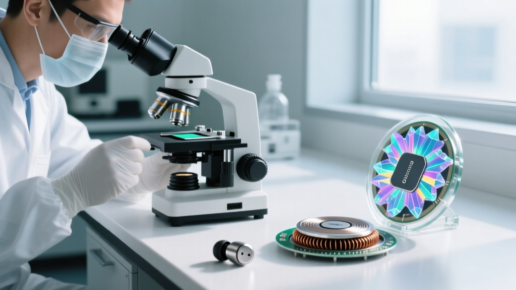 Engineer examining a microscopic solid-state battery cell next to a disassembled planar magnetic earbud driver on a cleanroom workbench