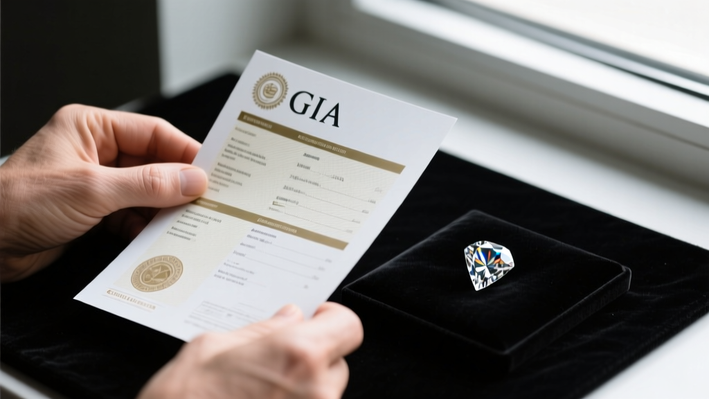 Gemologist hands holding a GIA diamond grading report next to a loose two-carat vintage diamond on a black velvet appraisal mat