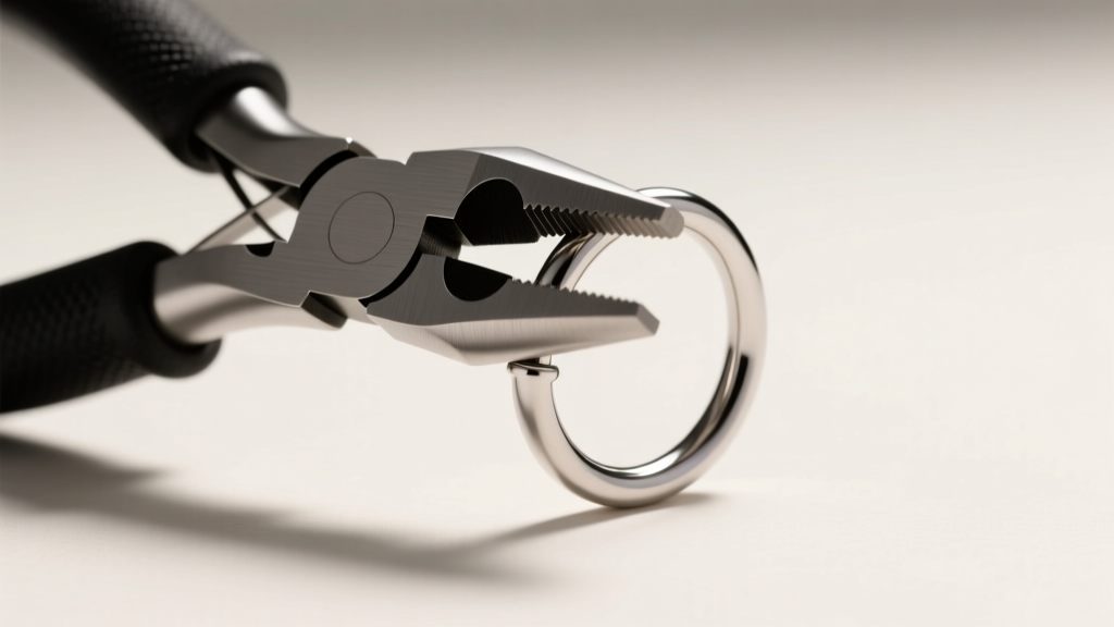 Nylon-jaw jewelry needle nose pliers gently gripping an 18-gauge titanium seamless nose hoop under bright, focused studio lighting