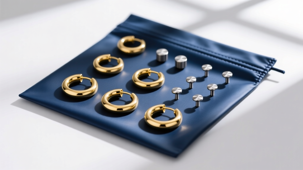 Solid 14k gold hoop earrings and titanium studs laid out neatly on a blue medical-grade sterilization pouch, top-down view
