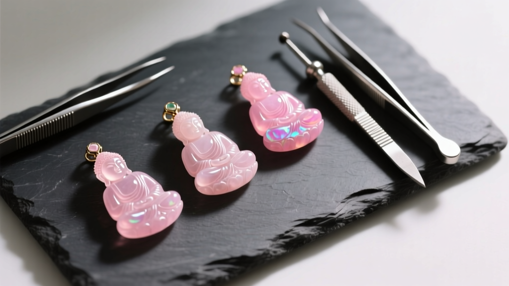 Flat lay of pink Buddha pendants in rhodonite, rose quartz, and pink opal on dark slate next to steel jeweler carving tools.