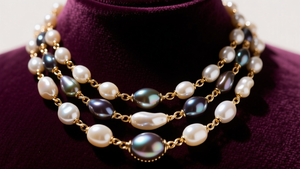 Close-up of a vintage Miriam Haskell multi-strand necklace with baroque glass pearls and brass wirework on velvet