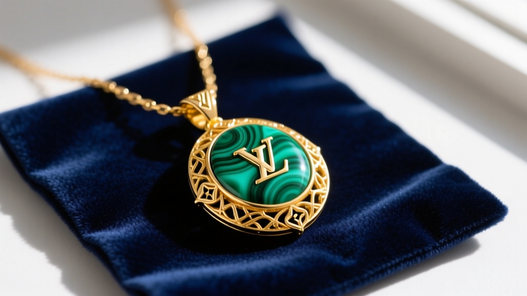 Macro shot of an 18k yellow gold LV V necklace pendant with polished malachite inlay resting on a dark velvet jewelry cleaning mat.