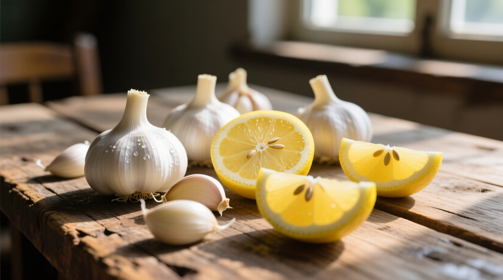 Fresh garlic cloves and lemon slices on wooden table