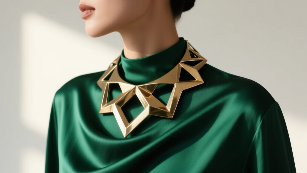 Side profile showing the drape of an oversized sculptural brass collar necklace resting perfectly on a draped emerald silk blouse