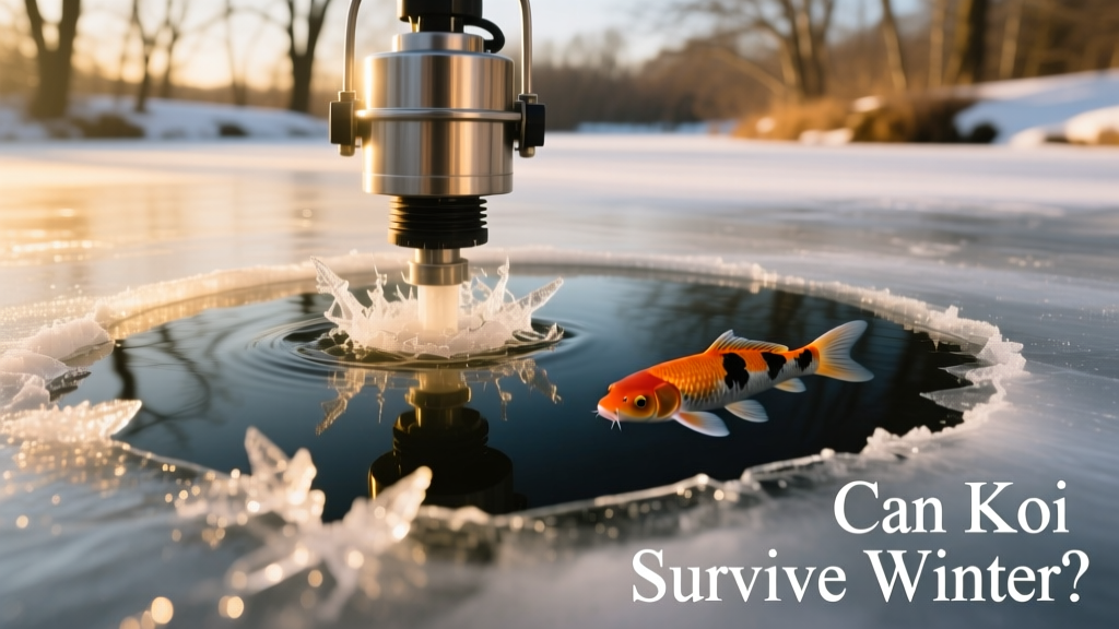 Close-up of a pond deicer creating a small circular opening in icy pond surface