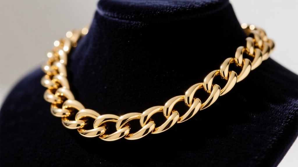 Macro shot of heavy 18k gold cuban link chain on dark velvet bust, highlighting the deep V-drape and dense metal link structure.
