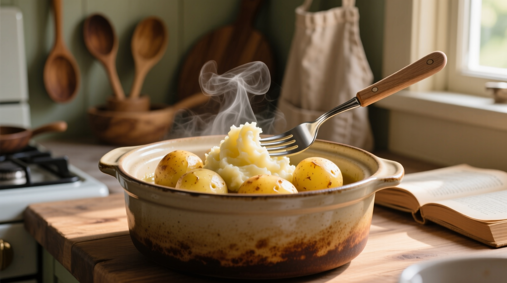 Perfectly cooked potatoes in slow cooker with fork