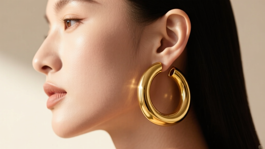 Side profile of a model wearing heavy 18k solid gold chunky hoops highlighting the earlobe interaction and the 10mm tubing thickness