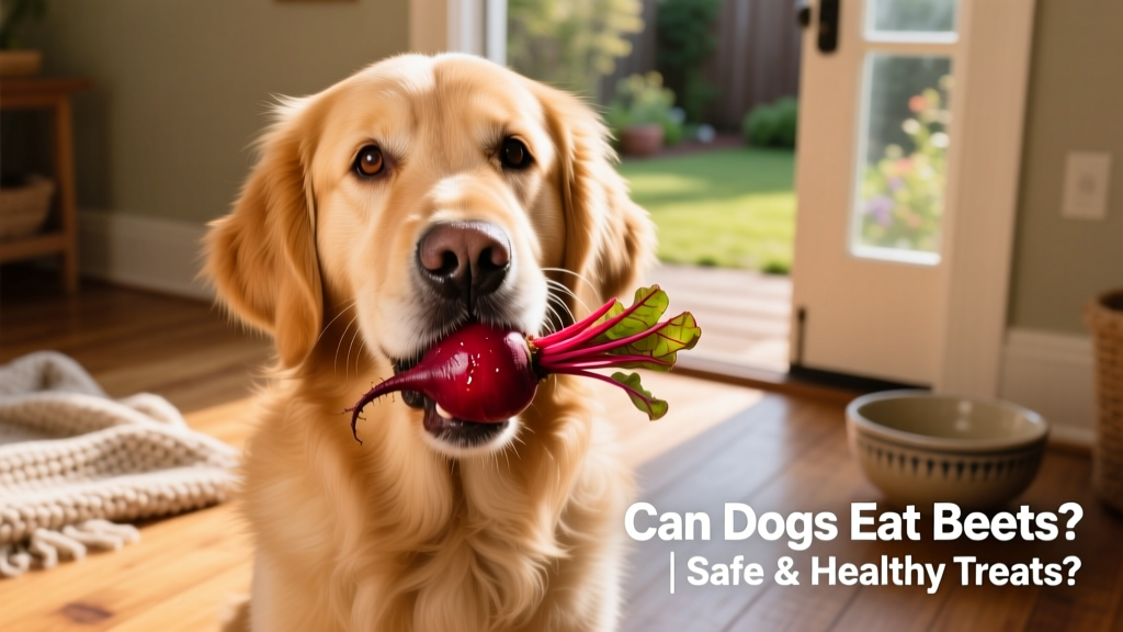 A golden retriever gently holding a small piece of cooked beet in its mouth