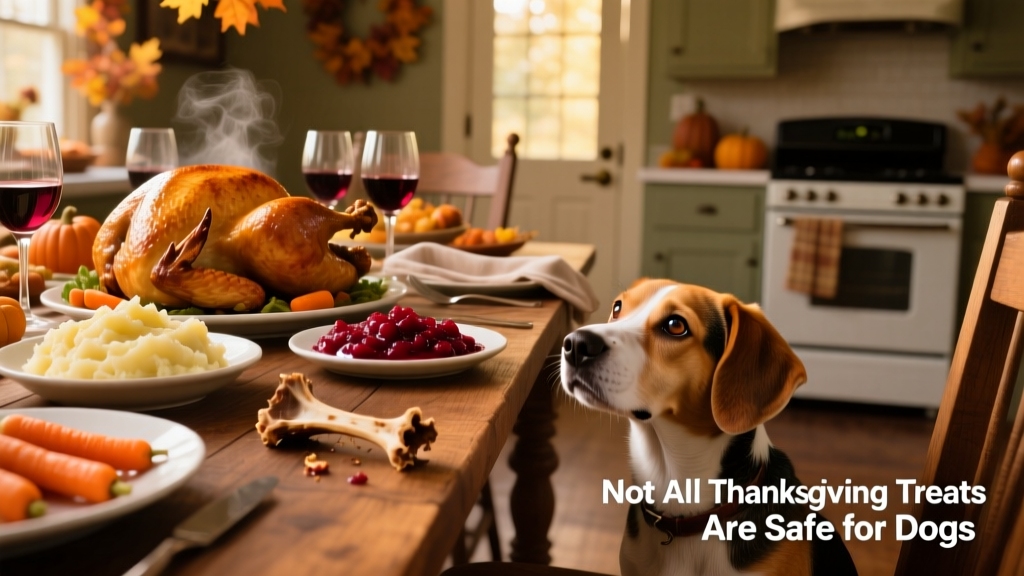 A festive Thanksgiving table with turkey, side dishes, and wine glasses — with a curious dog looking up from under the table
