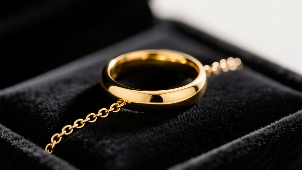 Close-up of a 14k yellow gold wedding band threaded onto a delicate 1.2mm rolo chain, resting on a dark velvet jewelry tray.