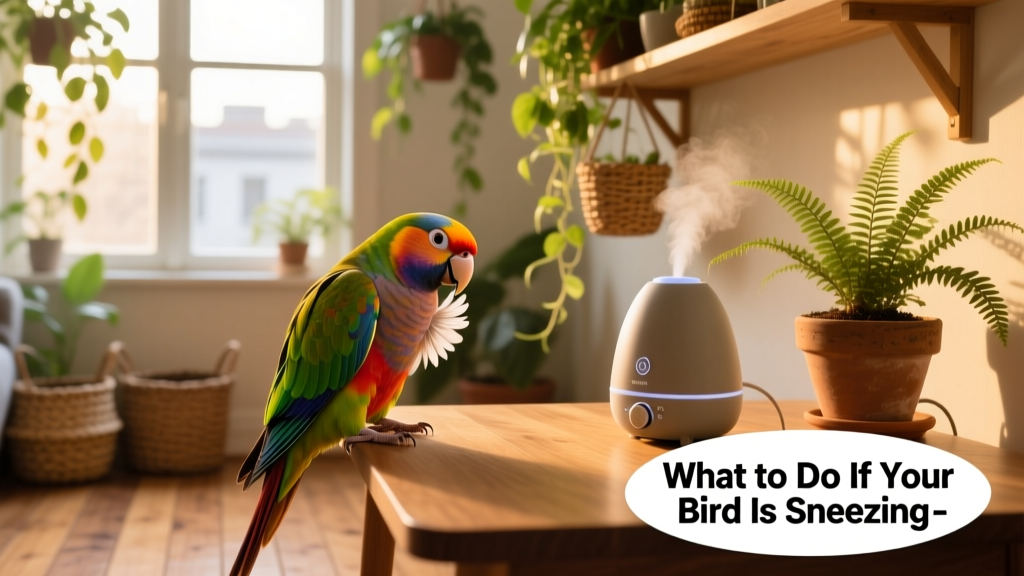 Happy, alert bird preening under soft natural light near a window with hanging plants and a small humidifier nearby