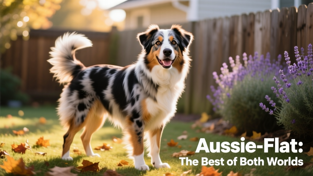 A happy, medium-sized Aussie-Flat outdoors, showing its glossy coat and alert, friendly expression