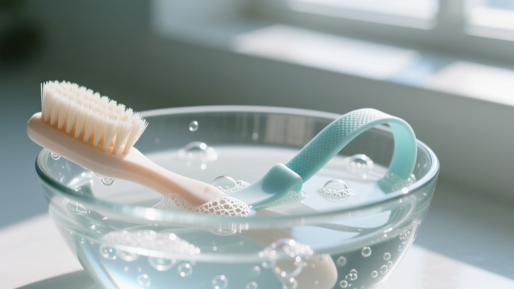 Silicone medical lanyard soaking in a bowl of soapy water, with a soft brush resting on the glass rim under bright, natural window light