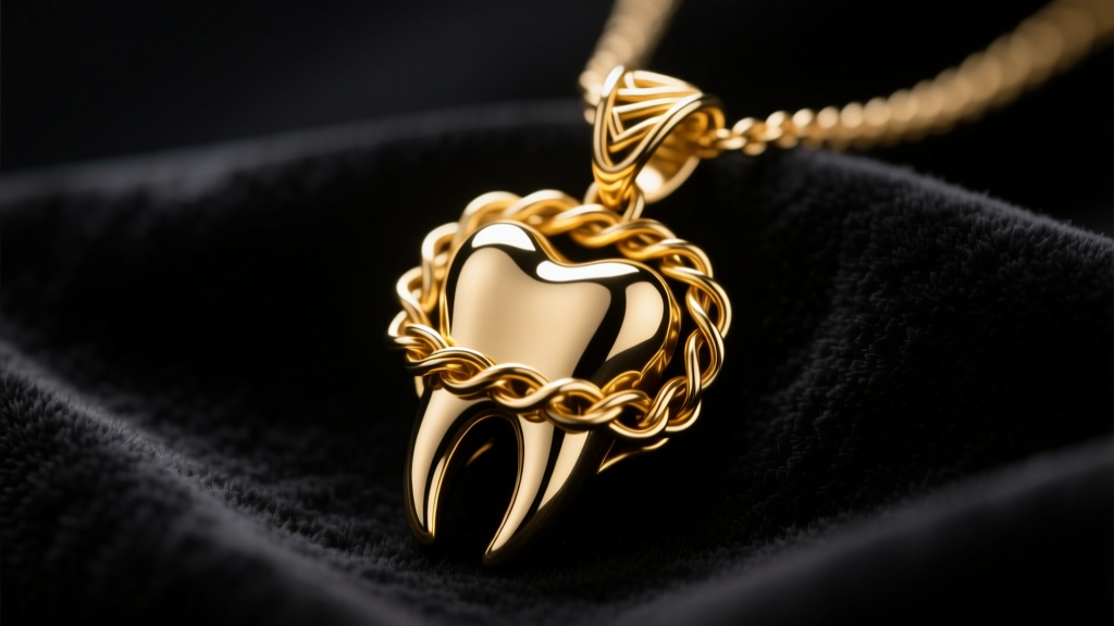 Close-up of a handmade 14k gold-filled wire-wrapped molar pendant on black velvet, illuminated by dramatic, moody studio lighting.